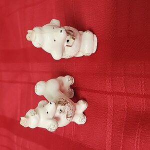 Porcelain Poodle Figurines Lot of 2 Pink Flower on Heads White With Gold Sparkle